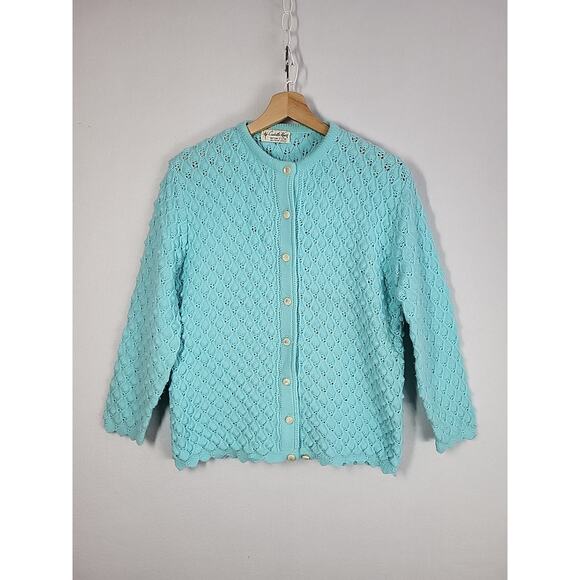 VTG‎ Cuddle Knit Cardigan Sweater M Blue Nubby 60s Cottage Coquette Rockabilly - Picture 4 of 12